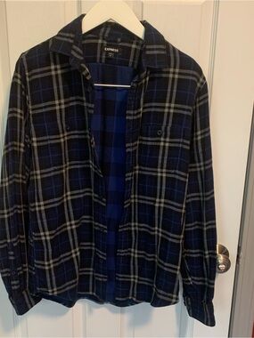 Express Black and Blue Plaid Button-Up Shirt